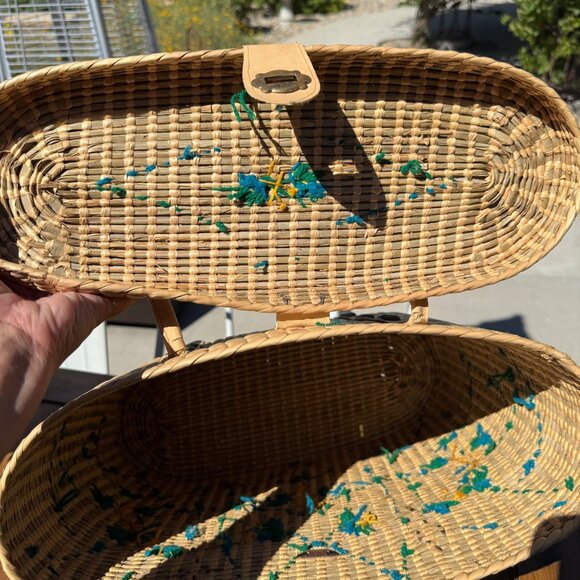 Vintage Woven Straw Tote Bag With Leather Straps & Floral Embroidery - Picture 7 of 8